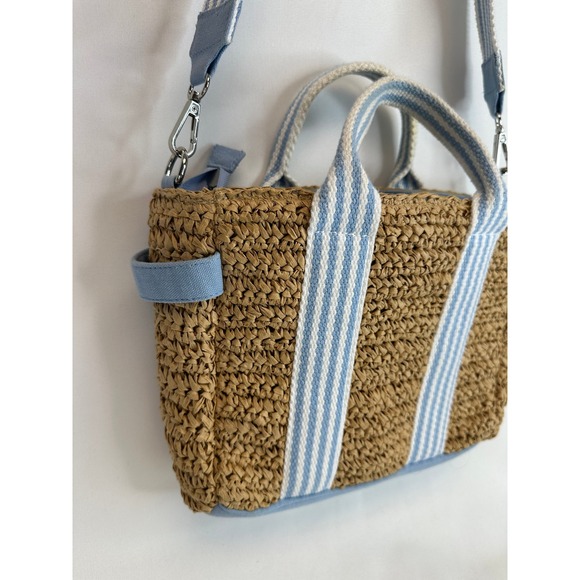 Antik Kraft Straw Canvas Purse Tote‎ Bag Summer Spring Top Handle Crossbody Blue - Picture 2 of 12